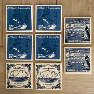 Set of 8 Vintage Holland America Delft Tile Coasters